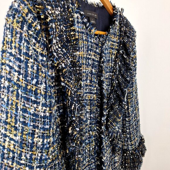 Ann Taylor Ruffle Tweed Blazer Size 6. Navy Blue Multicolor Shimmer Raw Edge - Picture 8 of 13